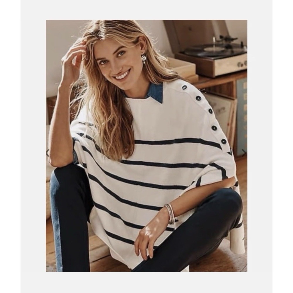 J. Jill Womens Nautical Stripe Sweater Poncho Sz OS Ivory Navy Blue Resort Beach
